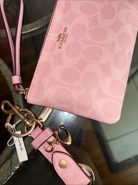 COACH Pink Signature Wristlet with Gold-Tone Hardware and coach key chain fob
